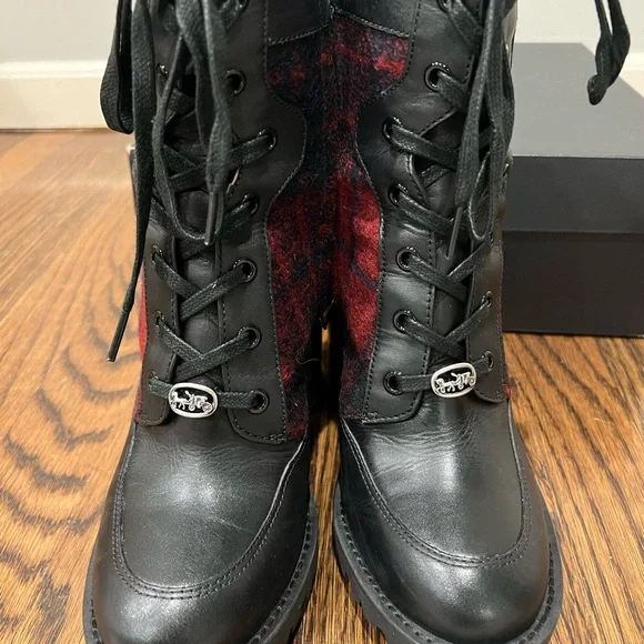 Coach Women's Plaid Lace-Up Boots in Black and Red - Picture 5 of 8